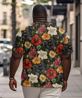 Men's Plus Size Hawaiian Vintage Floral Print Henry Collar Button Short Sleeve Tee